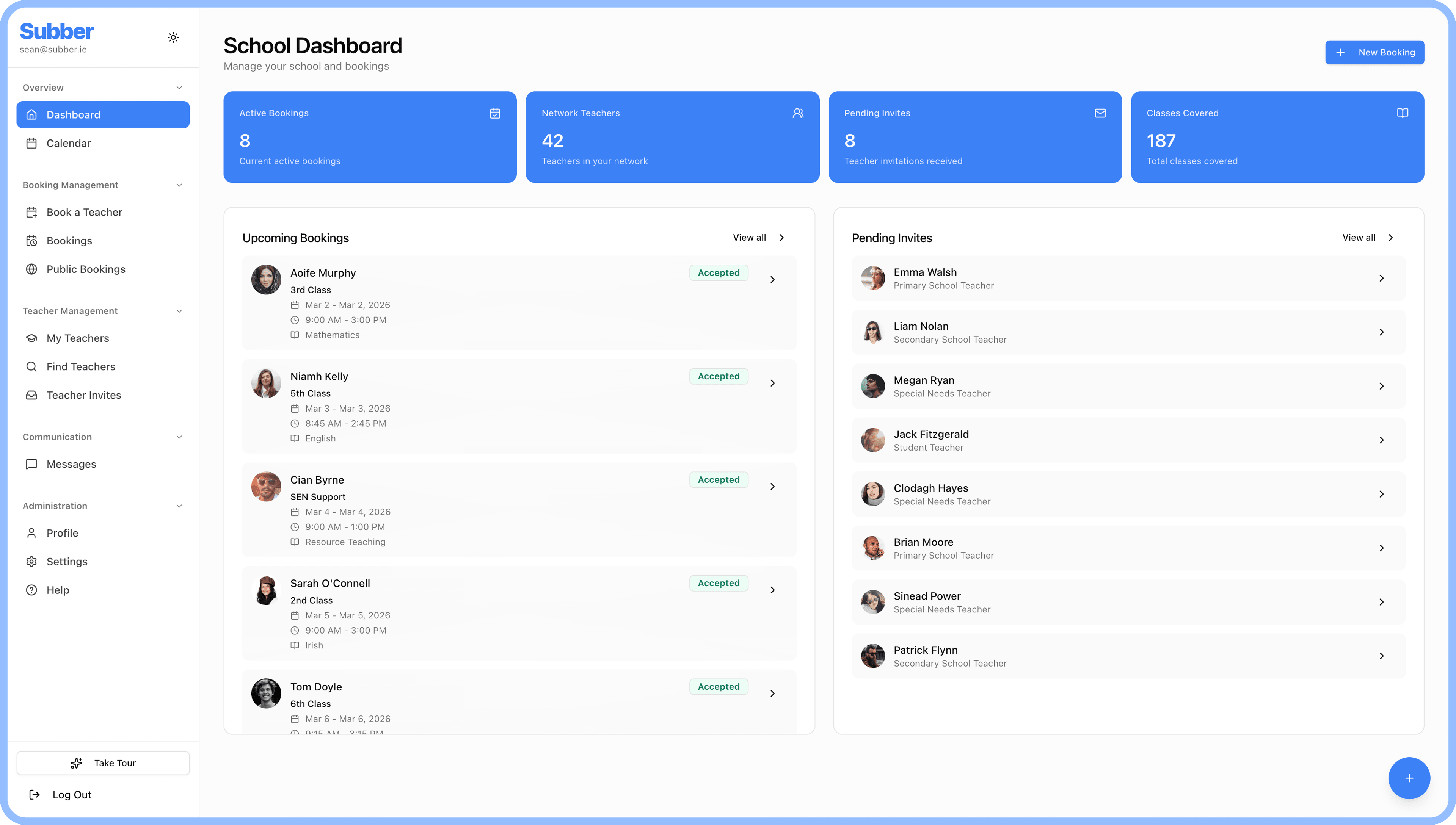 Subber dashboard showing substitute teacher management interface