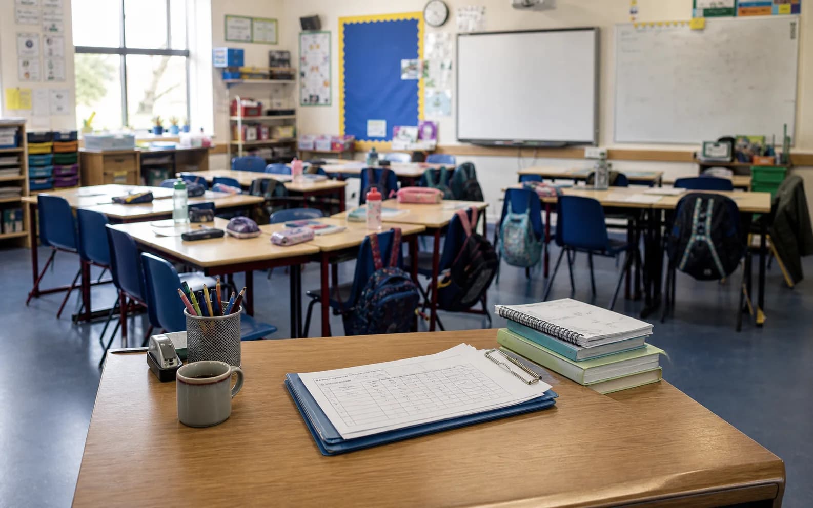 Classroom scene representing split classes caused by substitute teacher shortages