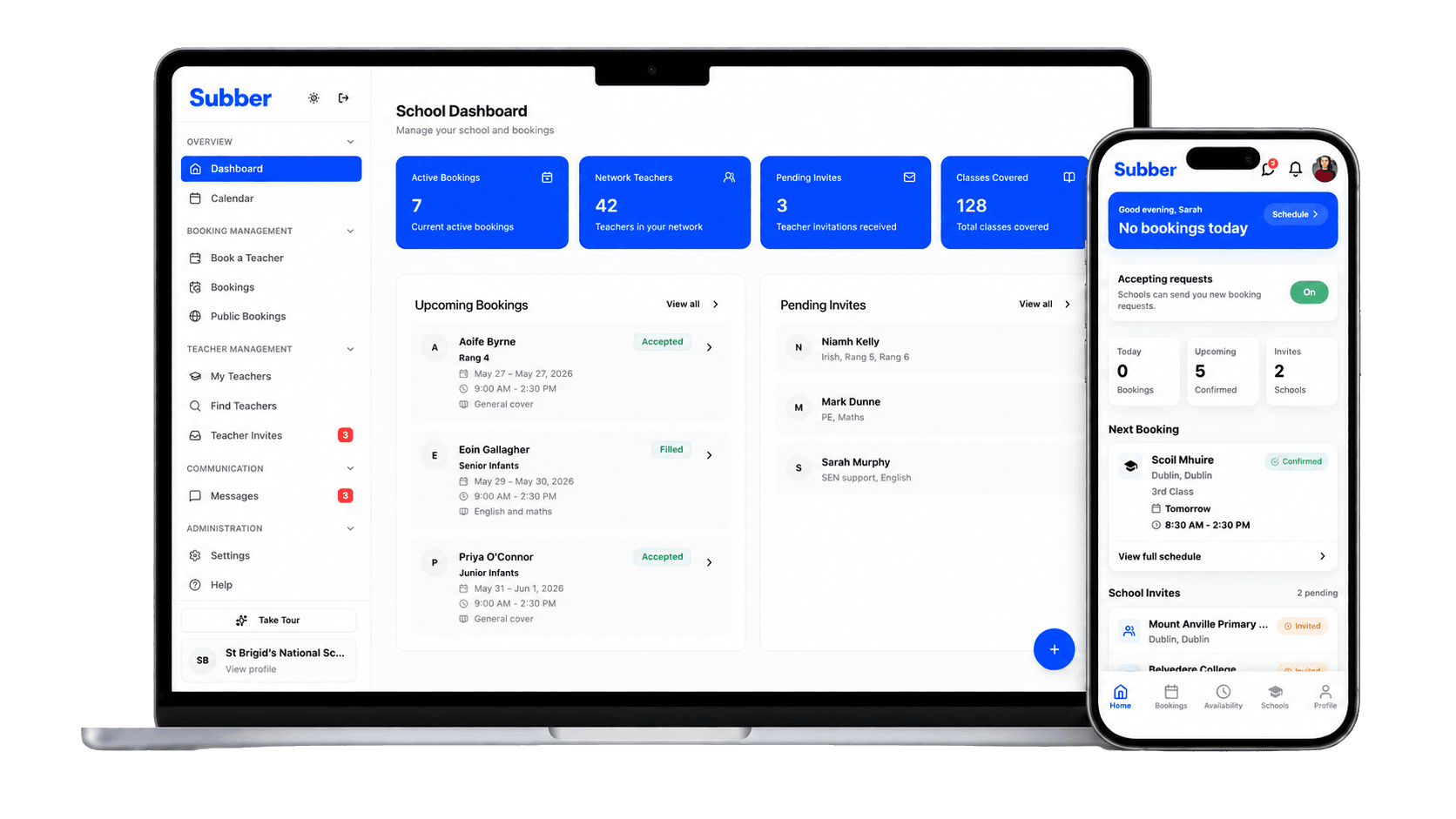 Subber school dashboard and mobile app preview